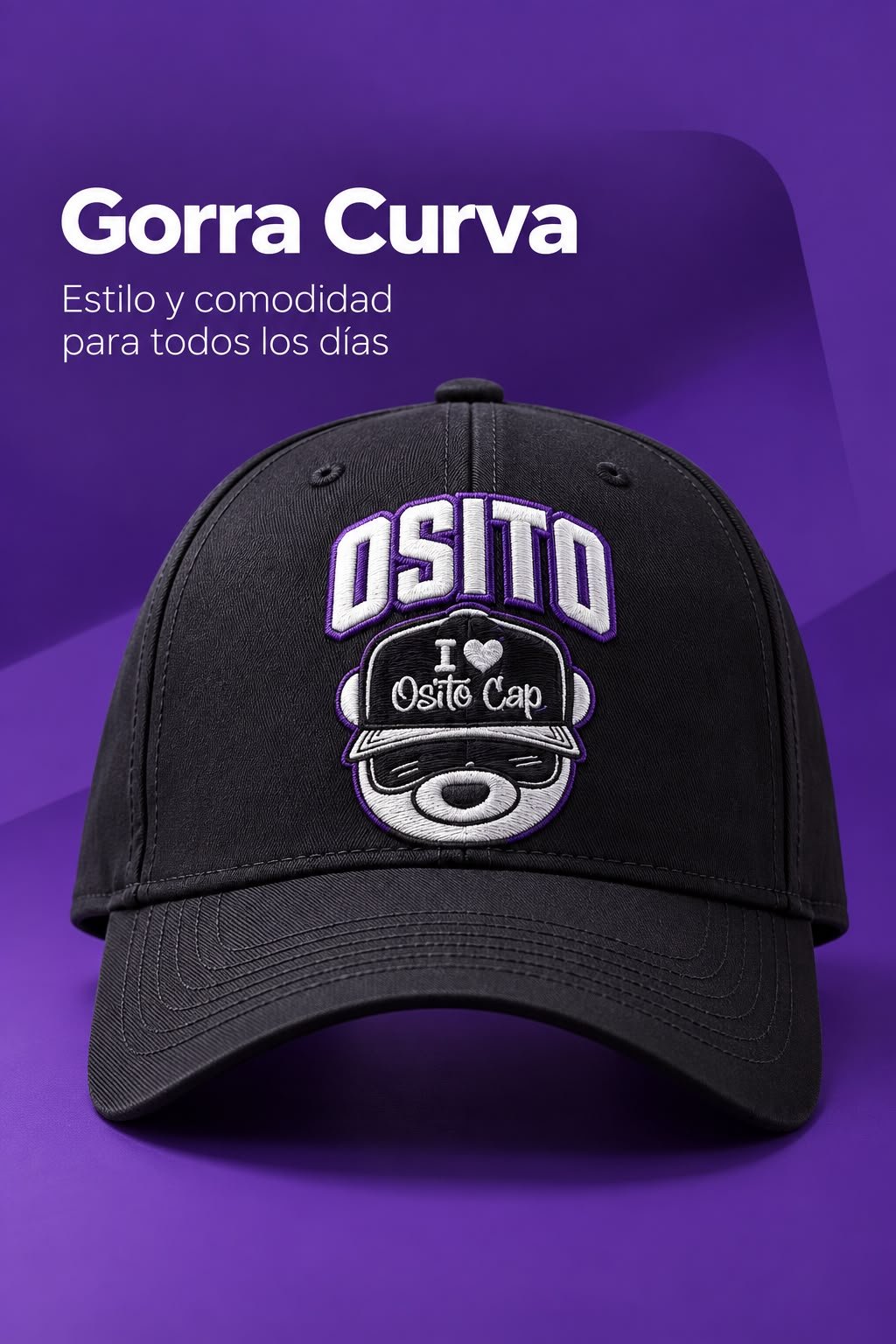 Gorra curva negra de visera curva con el parche Osito Cap, vista de frente