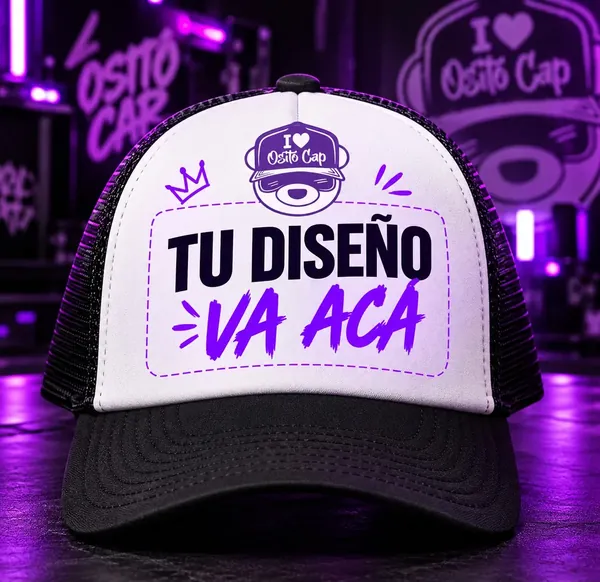 Gorra trucker blanca y negra con el texto «Tu diseño va acá» en el frente, vista de frente