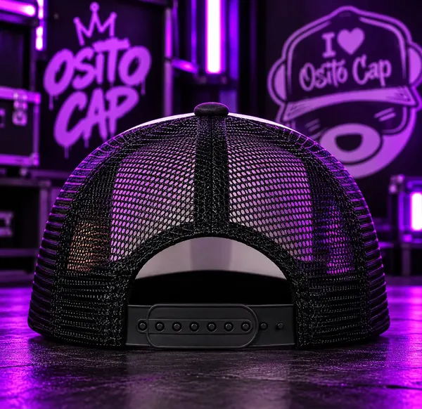 La misma gorra vista desde atrás, con la red negra y el broche regulable